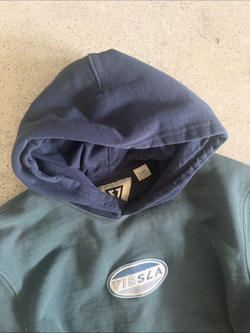 VISSLA Two-Tone Navy Hooded Sweatshirt — Teal Body, Navy Hood